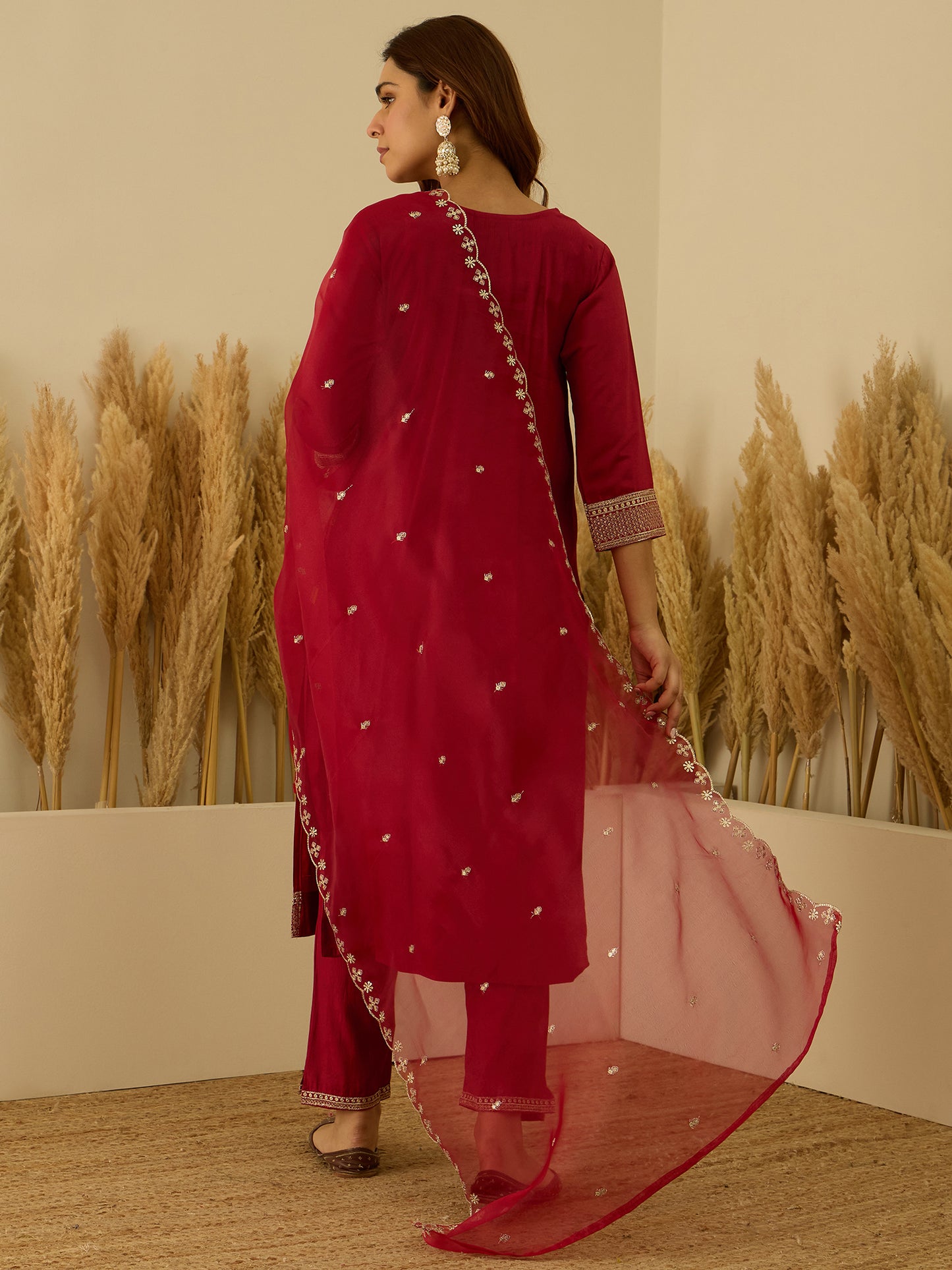 Dhiyona VV VredeVogel Red Viscose Rayon Embroidered with Sequins Straight Kurta Set with Trousers & Dupatta