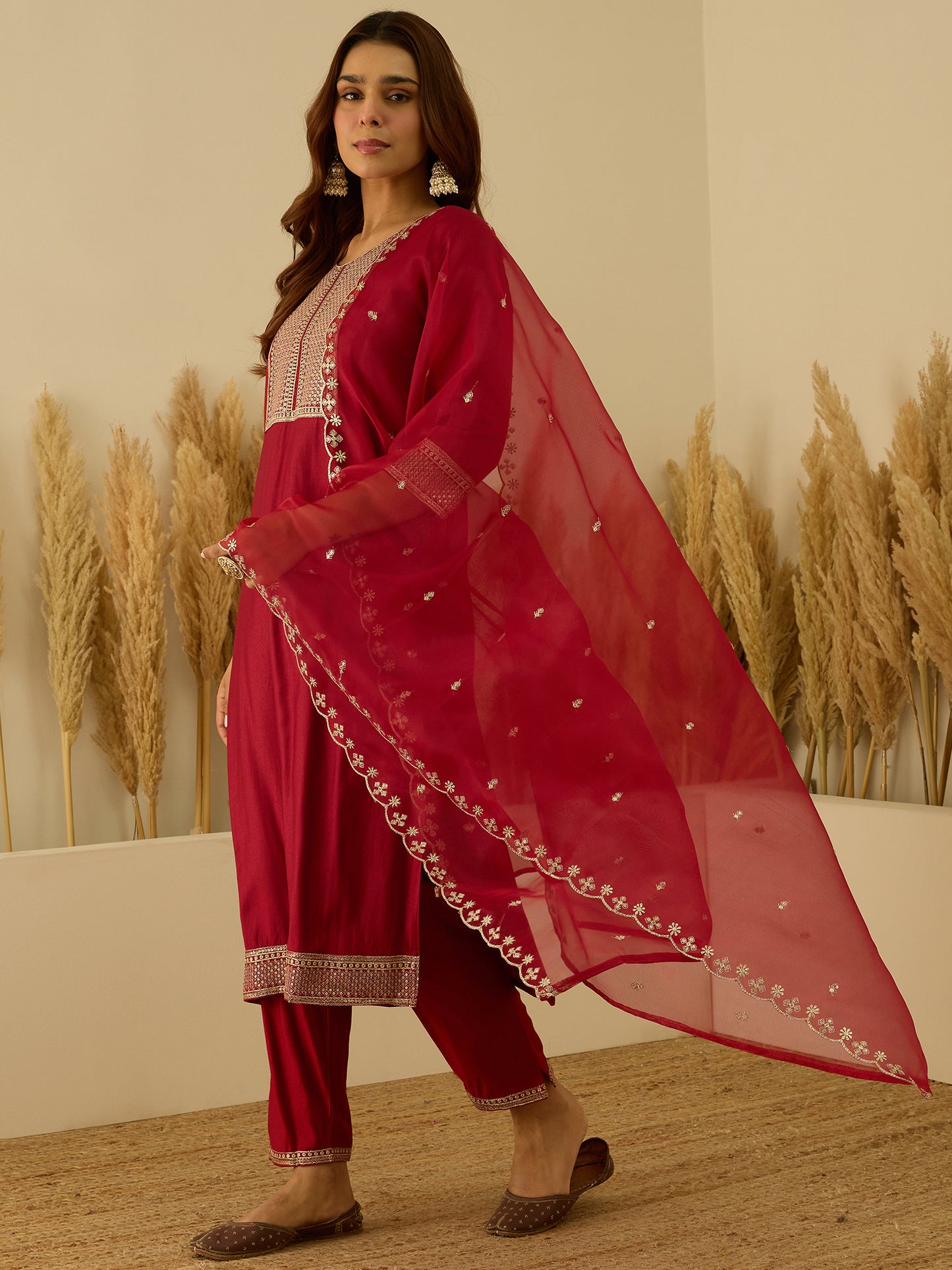 Dhiyona VV VredeVogel Red Viscose Rayon Embroidered with Sequins Straight Kurta Set with Trousers & Dupatta