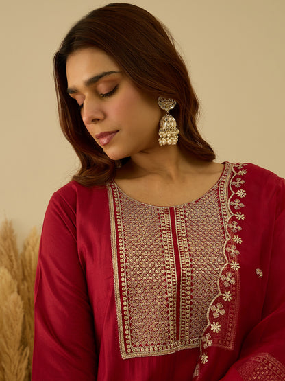 Dhiyona VV VredeVogel Red Viscose Rayon Embroidered with Sequins Straight Kurta Set with Trousers & Dupatta