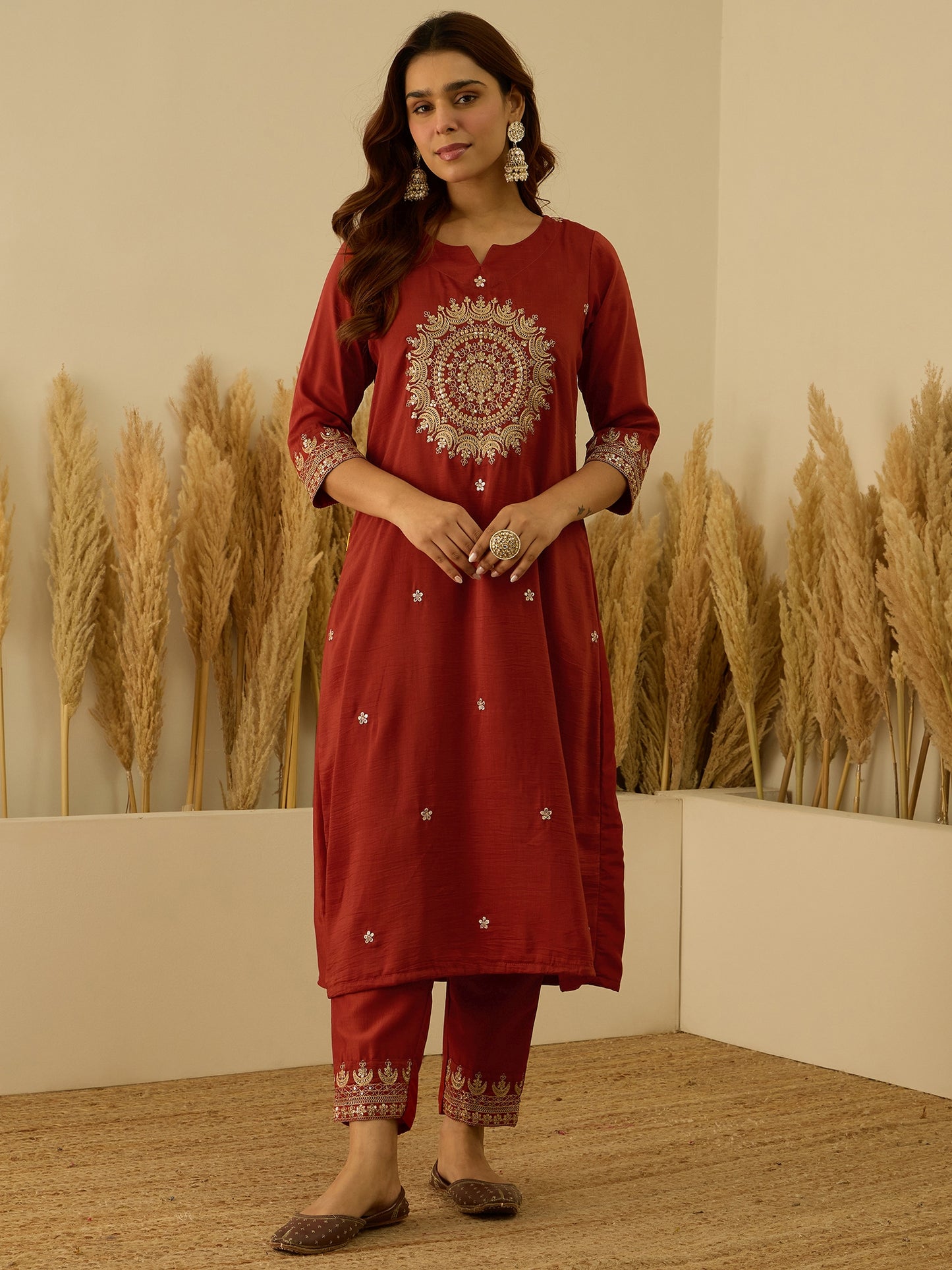 Dhiyona VV Eira Peach Women Kurta and Pant Dupatta Sets Silk Blend Fabrics with Embroidery Handwork
