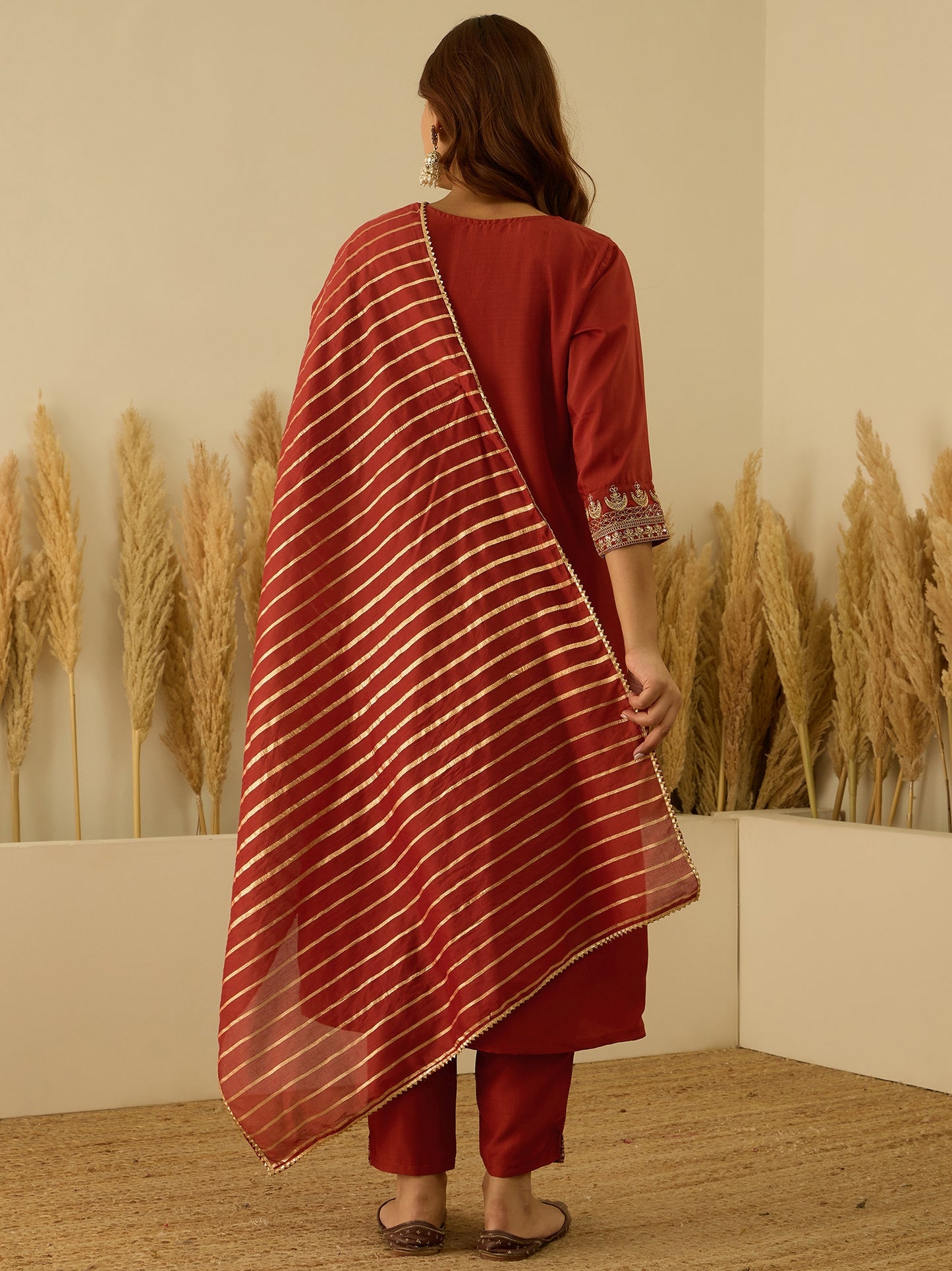 Dhiyona VV Eira Peach Women Kurta and Pant Dupatta Sets Silk Blend Fabrics with Embroidery Handwork