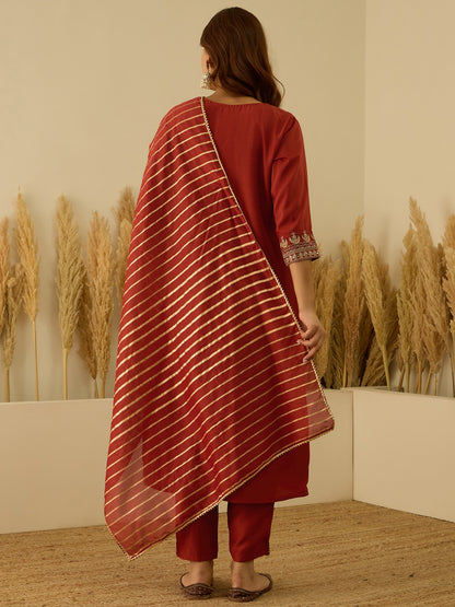 Dhiyona VV Eira Peach Women Kurta and Pant Dupatta Sets Silk Blend Fabrics with Embroidery Handwork