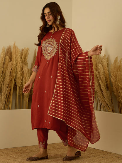 Dhiyona VV Eira Peach Women Kurta and Pant Dupatta Sets Silk Blend Fabrics with Embroidery Handwork