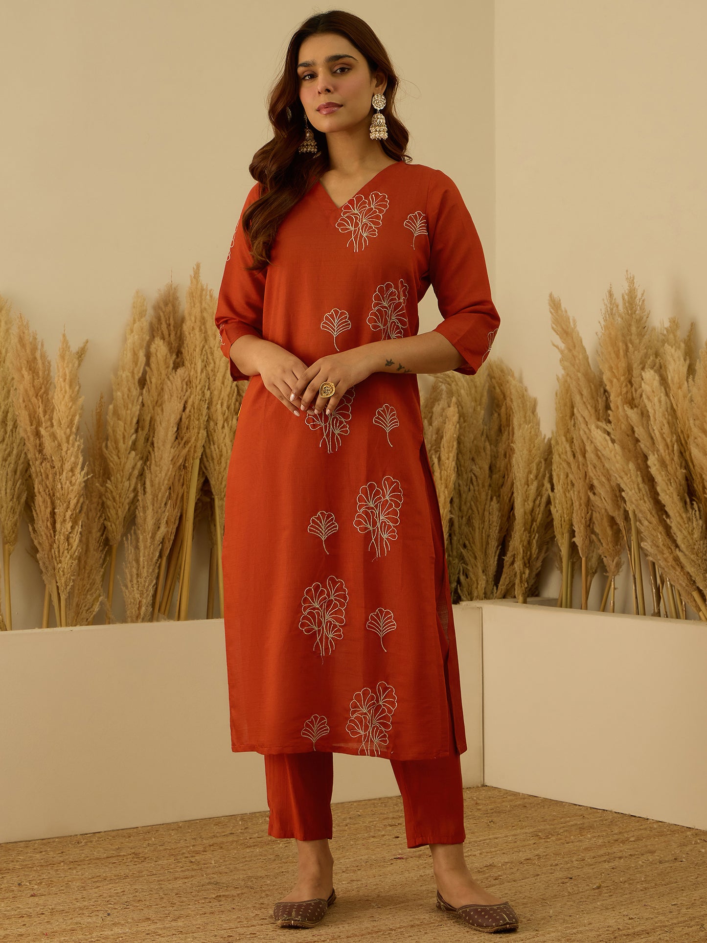 Dhiyona VV Tridha Rust Yoke Design Silk Blend Straight Suit With Dupatta
