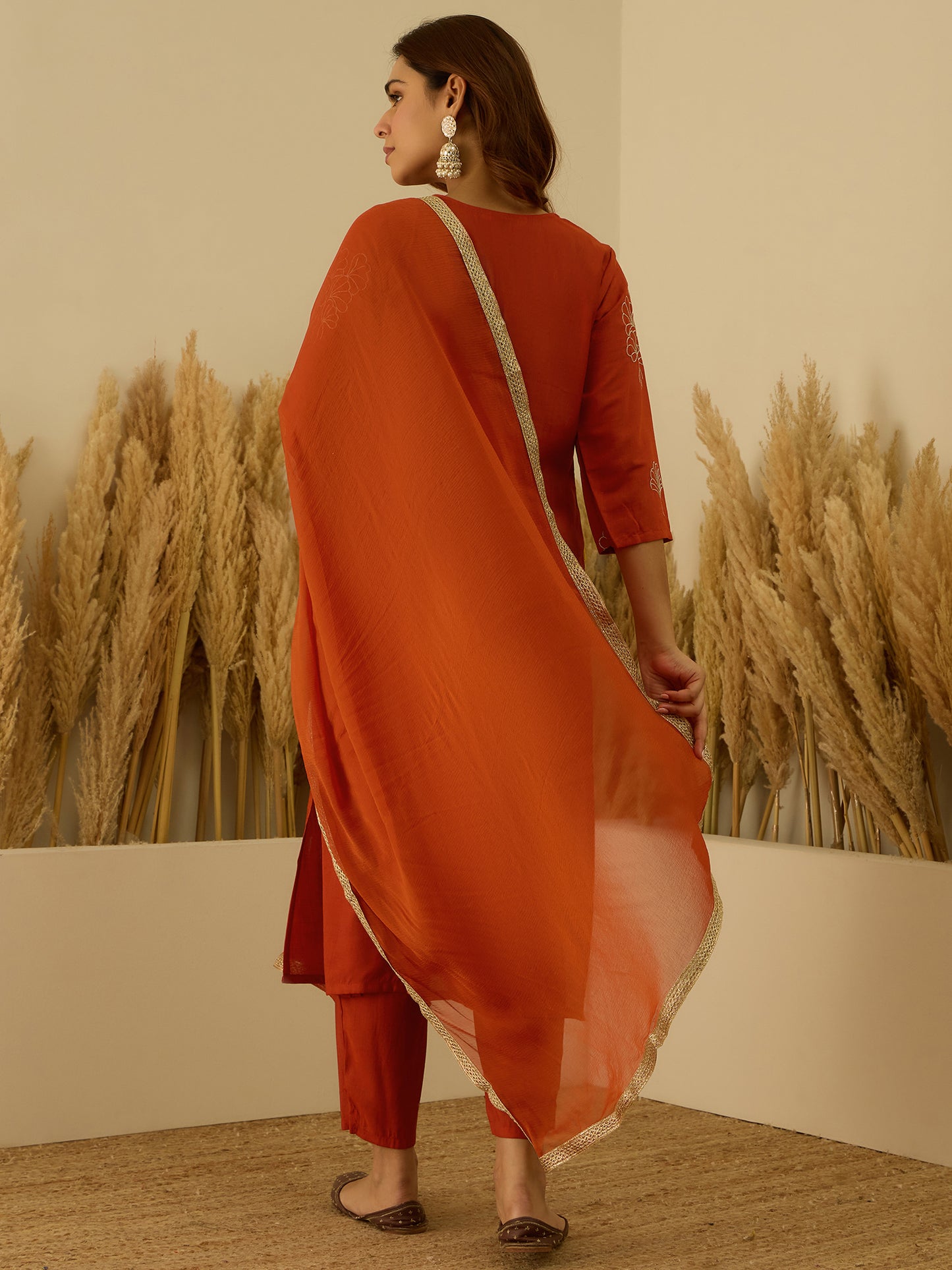 Dhiyona VV Tridha Rust Yoke Design Silk Blend Straight Suit With Dupatta