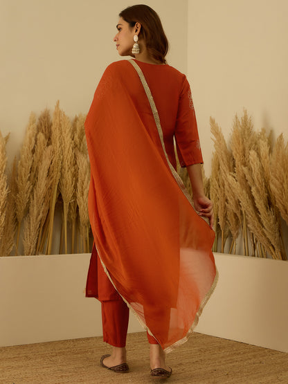 Dhiyona VV Tridha Rust Yoke Design Silk Blend Straight Suit With Dupatta
