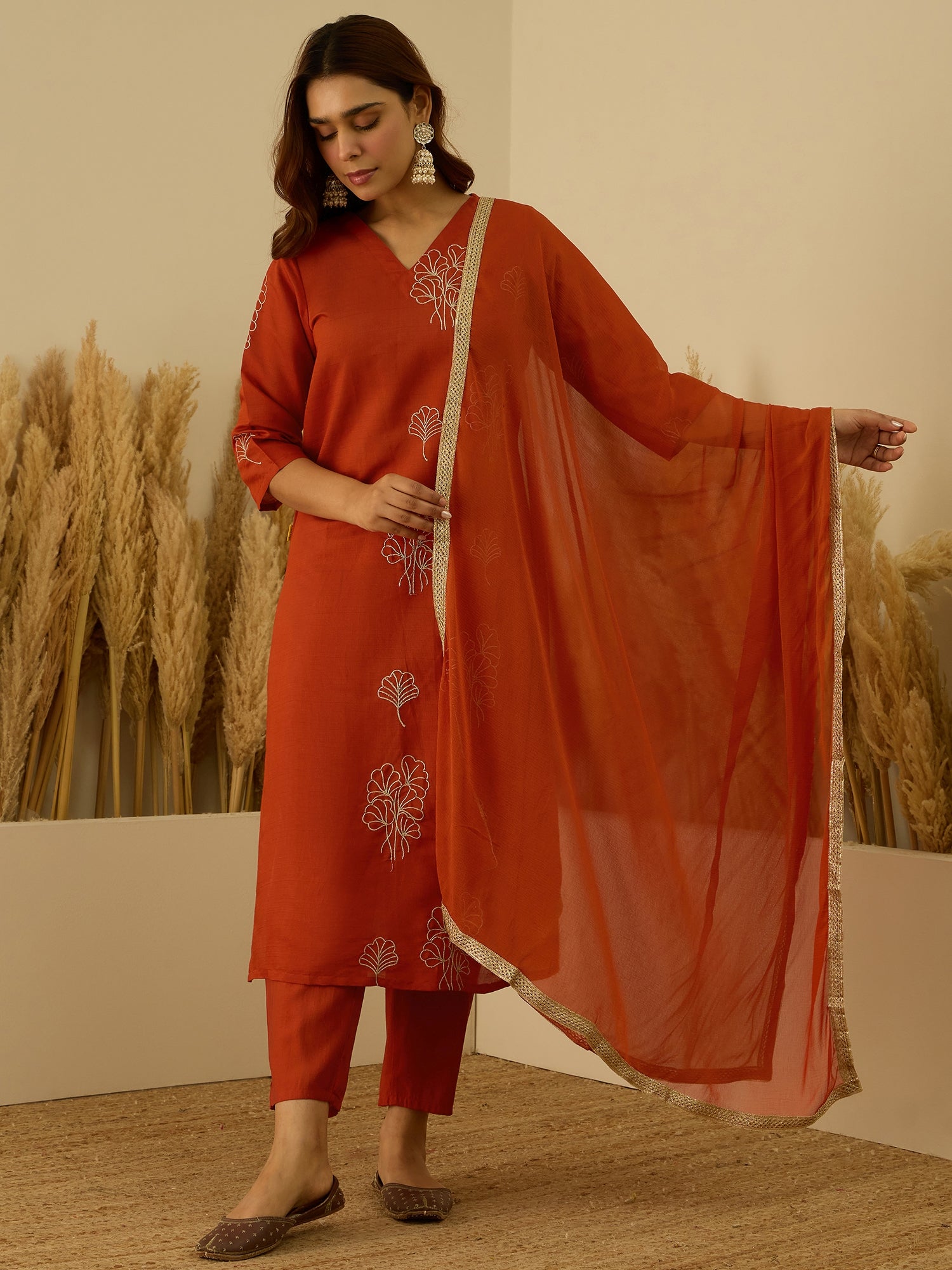 Dhiyona VV Tridha Rust Yoke Design Silk Blend Straight Suit With Dupatta