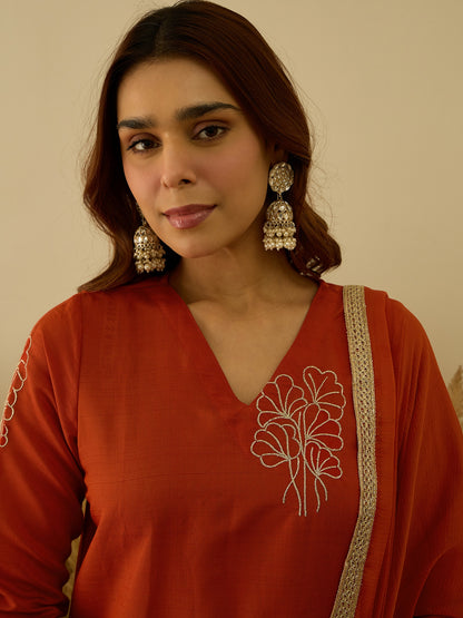Dhiyona VV Tridha Rust Yoke Design Silk Blend Straight Suit With Dupatta