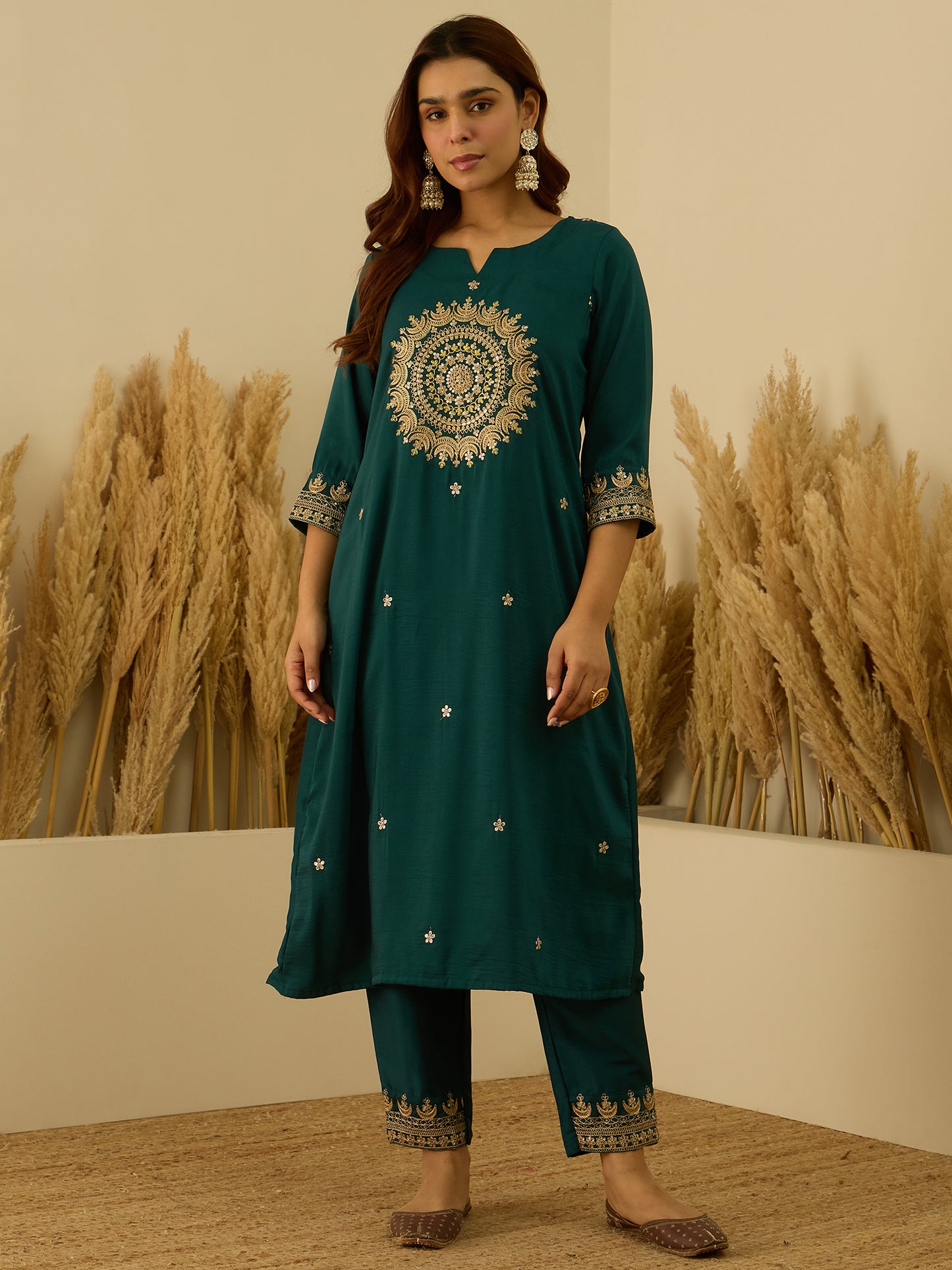 Dhiyona VV Myraa Teal Women Kurta and Pant Dupatta Sets Chanderi Silk Fabrics with Embroidery