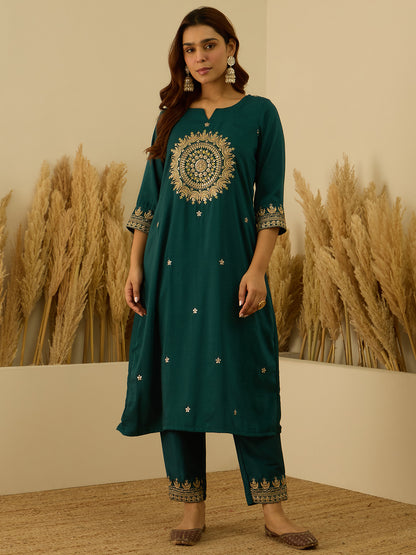Dhiyona VV Myraa Teal Women Kurta and Pant Dupatta Sets Chanderi Silk Fabrics with Embroidery