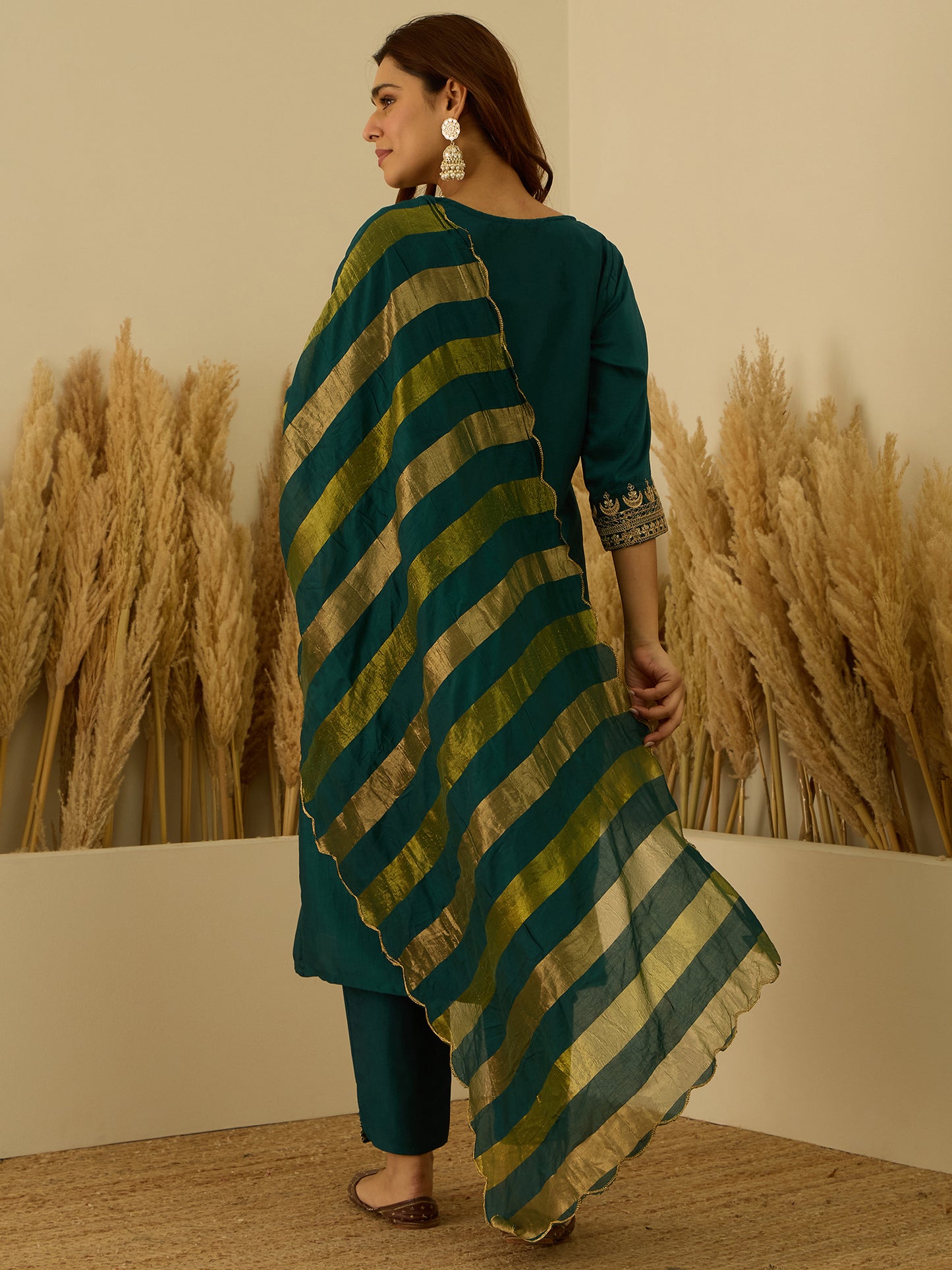Dhiyona VV Myraa Teal Women Kurta and Pant Dupatta Sets Chanderi Silk Fabrics with Embroidery
