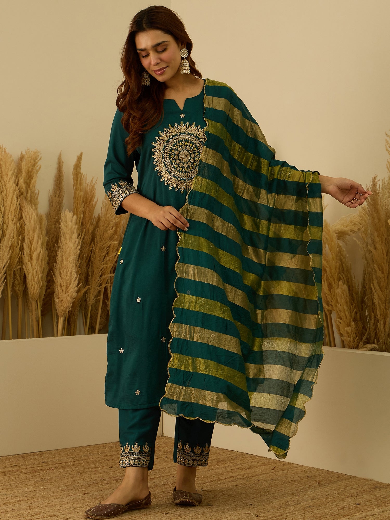 Dhiyona VV Myraa Teal Women Kurta and Pant Dupatta Sets Chanderi Silk Fabrics with Embroidery