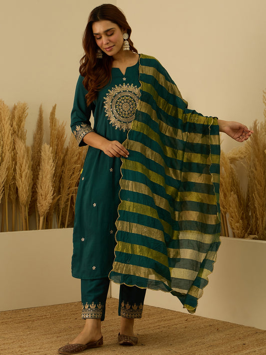 Dhiyona VV Myraa Teal Women Kurta and Pant Dupatta Sets Chanderi Silk Fabrics with Embroidery