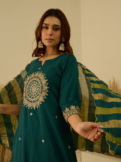 Dhiyona VV Myraa Teal Women Kurta and Pant Dupatta Sets Chanderi Silk Fabrics with Embroidery