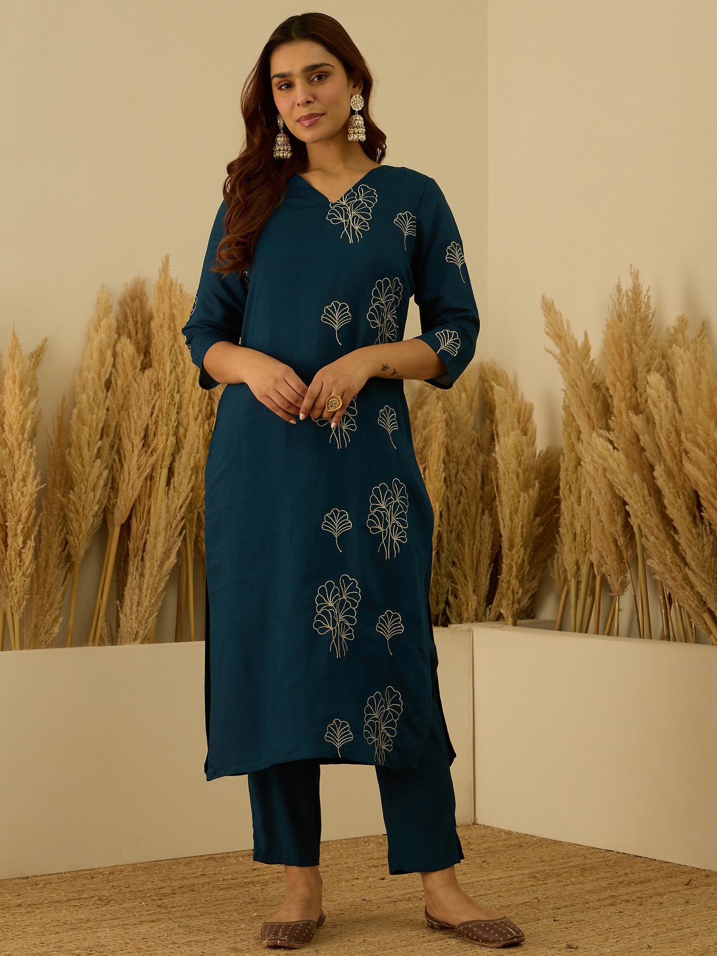 Dhiyona VV Tridha Teal Yoke Design Silk Blend Straight Suit With Dupatta