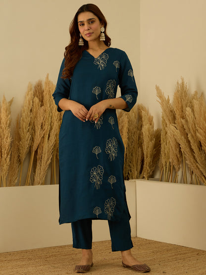 Dhiyona VV Tridha Teal Yoke Design Silk Blend Straight Suit With Dupatta
