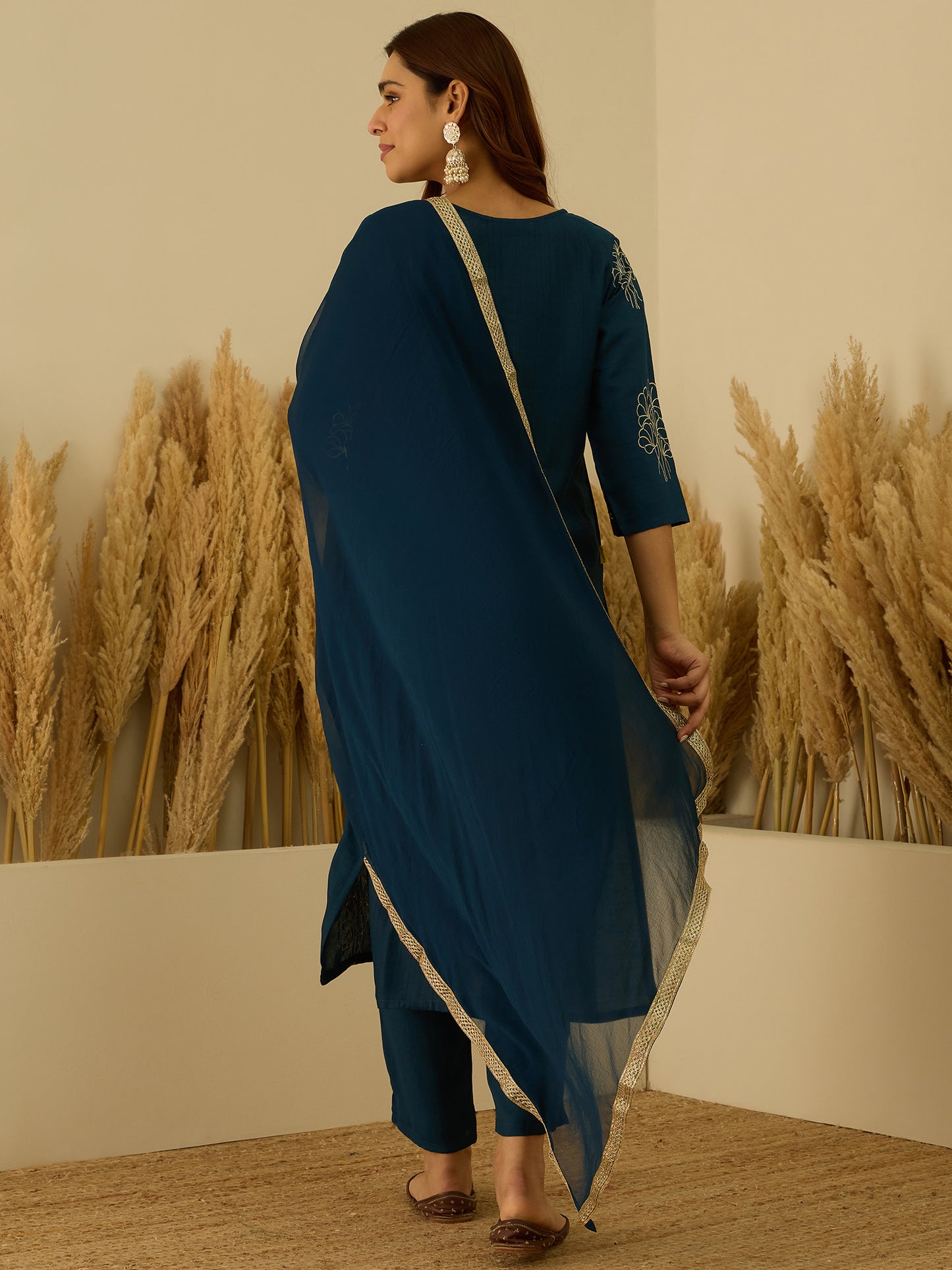 Dhiyona VV Tridha Teal Yoke Design Silk Blend Straight Suit With Dupatta