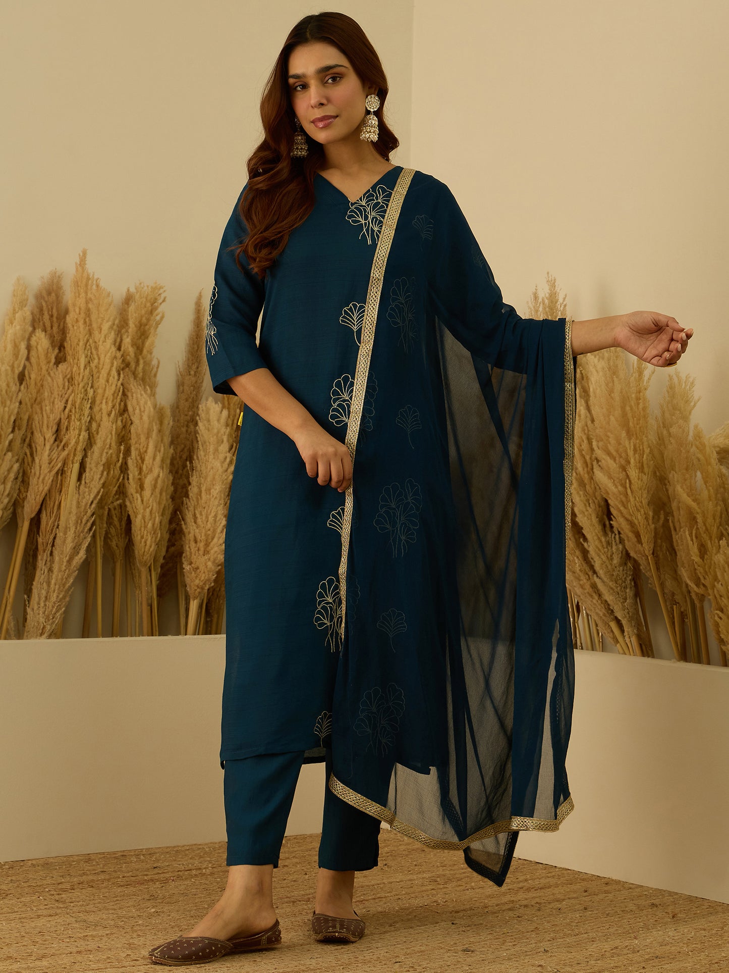 Dhiyona VV Tridha Teal Yoke Design Silk Blend Straight Suit With Dupatta