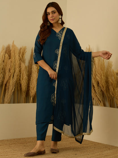Dhiyona VV Tridha Teal Yoke Design Silk Blend Straight Suit With Dupatta