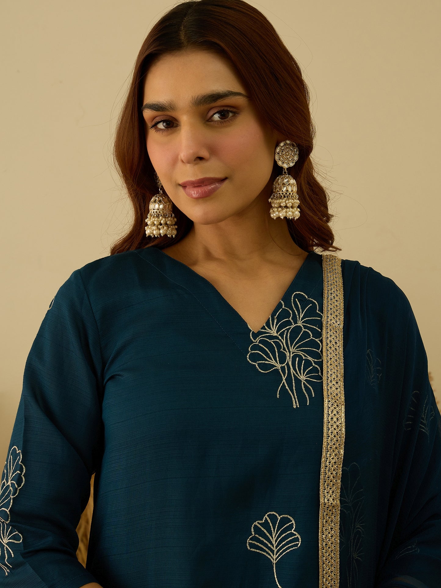 Dhiyona VV Tridha Teal Yoke Design Silk Blend Straight Suit With Dupatta