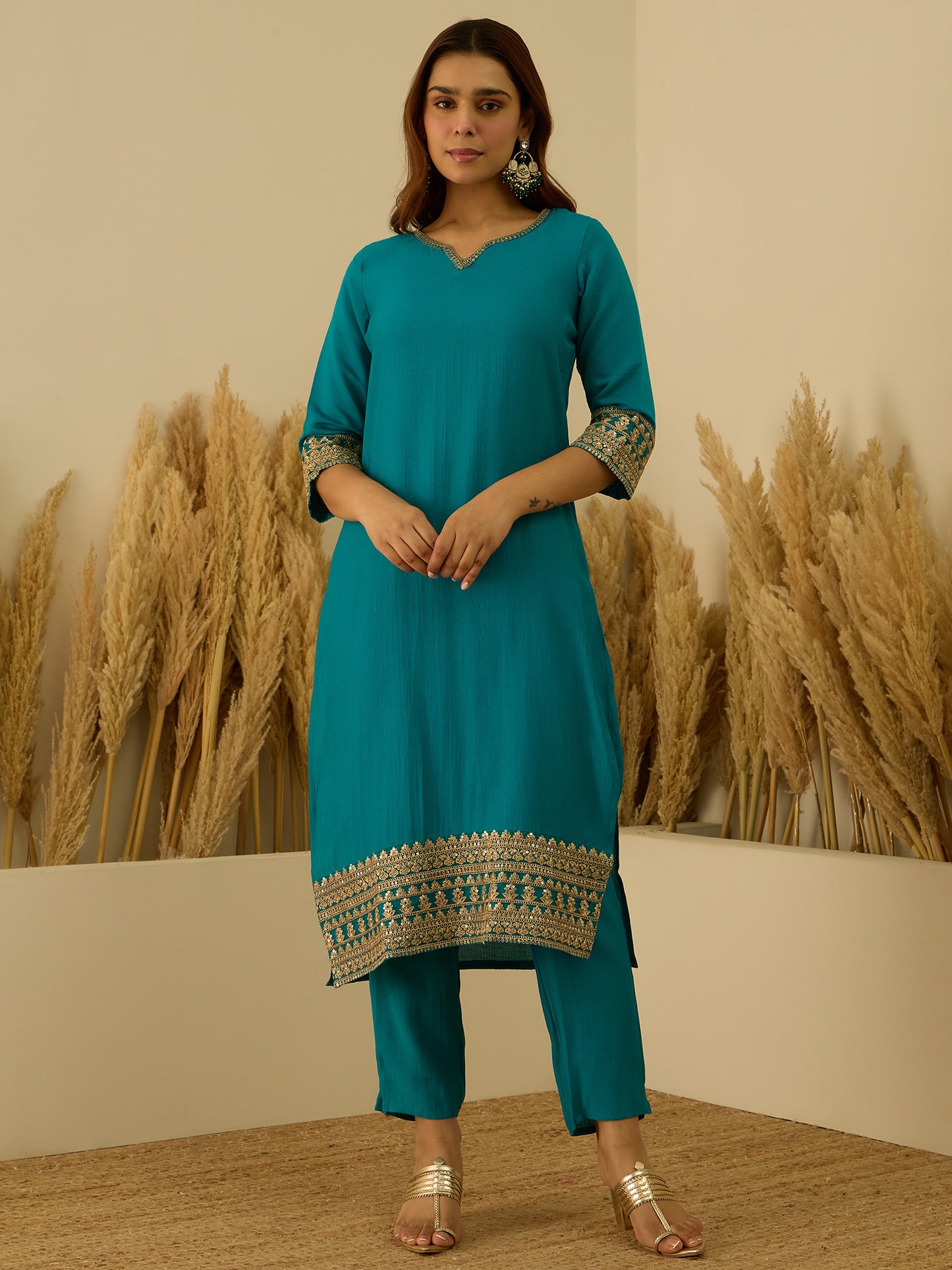 Dhiyona VV Prakriti Rama Kurta and Pant Dupatta Sets Silk Blend Fabrics with Embroidery