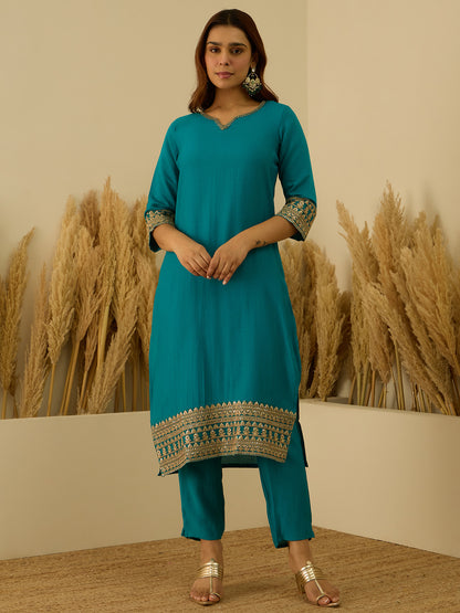 Dhiyona VV Prakriti Rama Kurta and Pant Dupatta Sets Silk Blend Fabrics with Embroidery