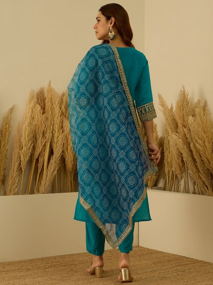 Dhiyona VV Prakriti Rama Kurta and Pant Dupatta Sets Silk Blend Fabrics with Embroidery