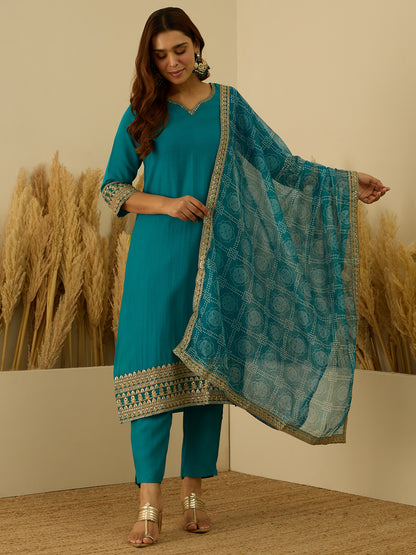 Dhiyona VV Prakriti Rama Kurta and Pant Dupatta Sets Silk Blend Fabrics with Embroidery