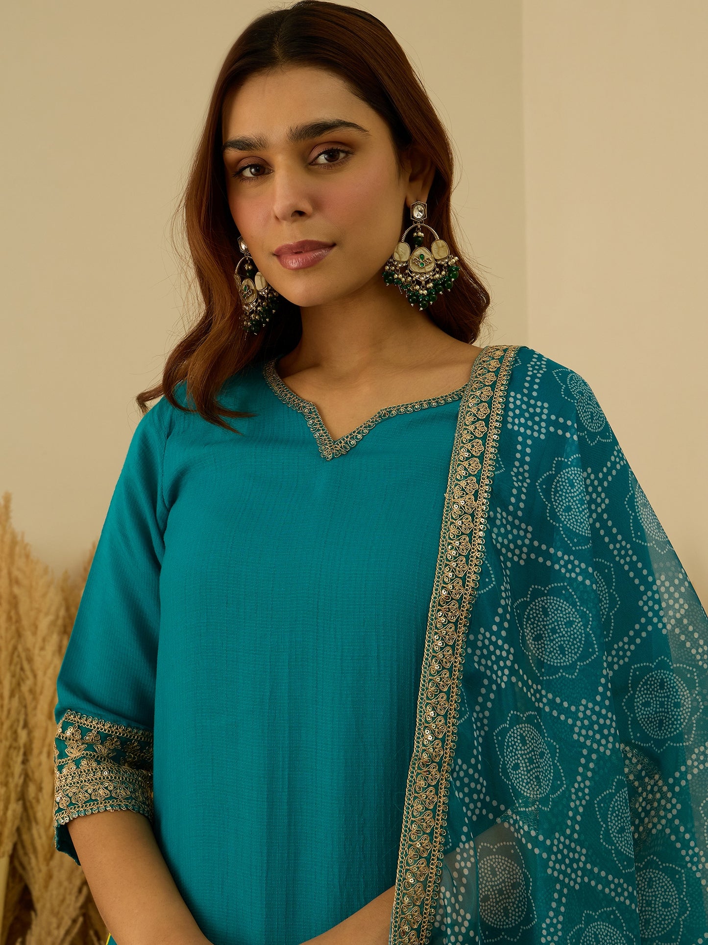 Dhiyona VV Prakriti Rama Kurta and Pant Dupatta Sets Silk Blend Fabrics with Embroidery