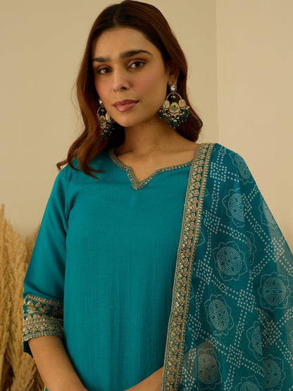 Dhiyona VV Prakriti Rama Kurta and Pant Dupatta Sets Silk Blend Fabrics with Embroidery