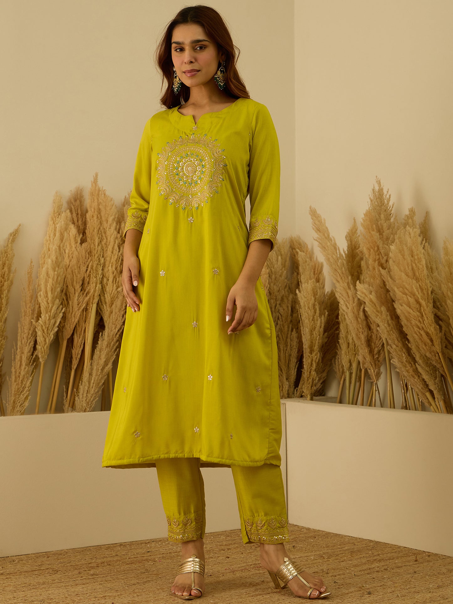 Dhiyona VV Myraa Lemon Women Kurta and Pant Dupatta Sets Chanderi Silk Fabrics with Embroidery
