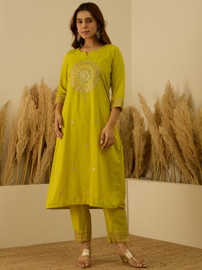 Dhiyona VV Myraa Lemon Women Kurta and Pant Dupatta Sets Chanderi Silk Fabrics with Embroidery
