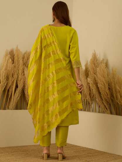 Dhiyona VV Myraa Lemon Women Kurta and Pant Dupatta Sets Chanderi Silk Fabrics with Embroidery