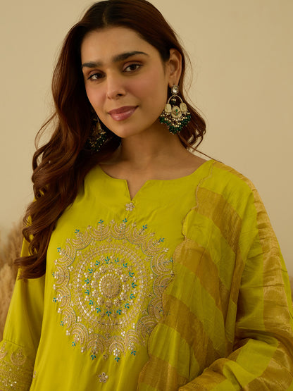 Dhiyona VV Myraa Lemon Women Kurta and Pant Dupatta Sets Chanderi Silk Fabrics with Embroidery