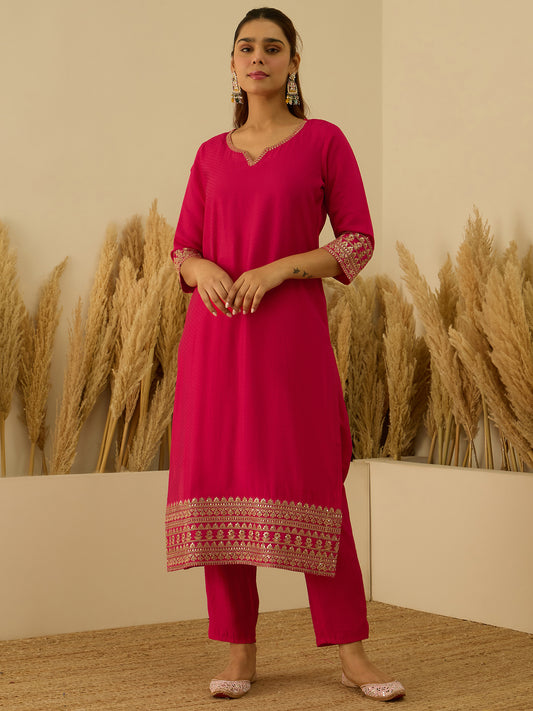Dhiyona VV Prakriti Pink Kurta and Pant Dupatta Sets Silk Blend Fabrics with Embroidery