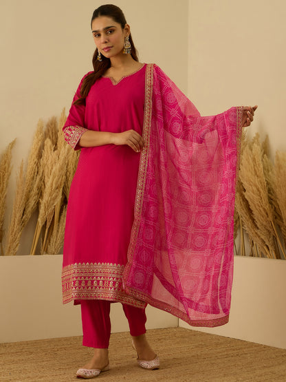 Dhiyona VV Prakriti Pink Kurta and Pant Dupatta Sets Silk Blend Fabrics with Embroidery