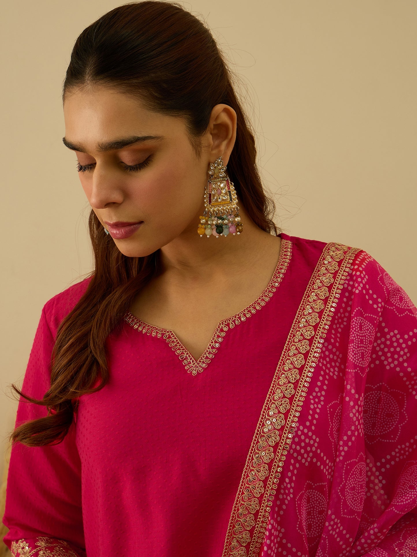 Dhiyona VV Prakriti Pink Kurta and Pant Dupatta Sets Silk Blend Fabrics with Embroidery