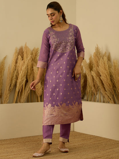 Dhiyona VV Purple Silk Blend Embroidered with Sequins Straight Kurta Set with Trousers & Dupatta