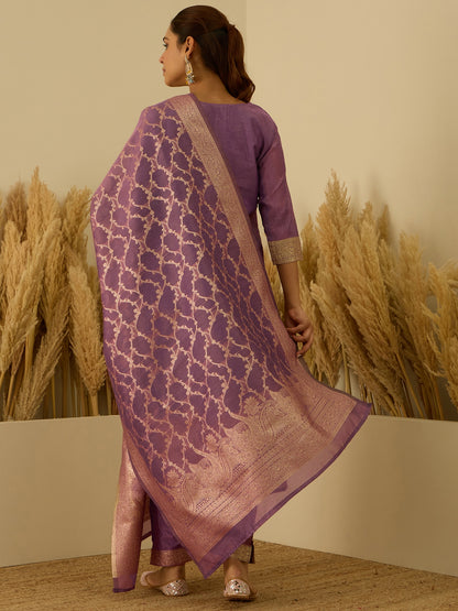 Dhiyona VV Purple Silk Blend Embroidered with Sequins Straight Kurta Set with Trousers & Dupatta