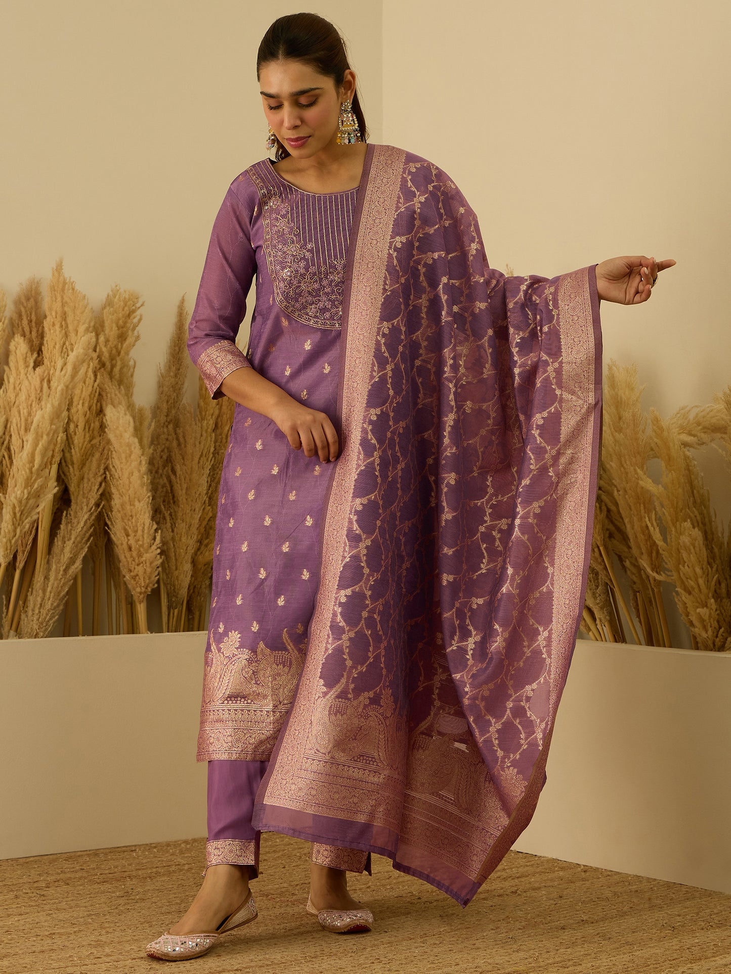 Dhiyona VV Purple Silk Blend Embroidered with Sequins Straight Kurta Set with Trousers & Dupatta