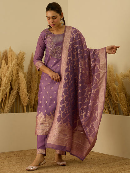 Dhiyona VV Purple Silk Blend Embroidered with Sequins Straight Kurta Set with Trousers & Dupatta