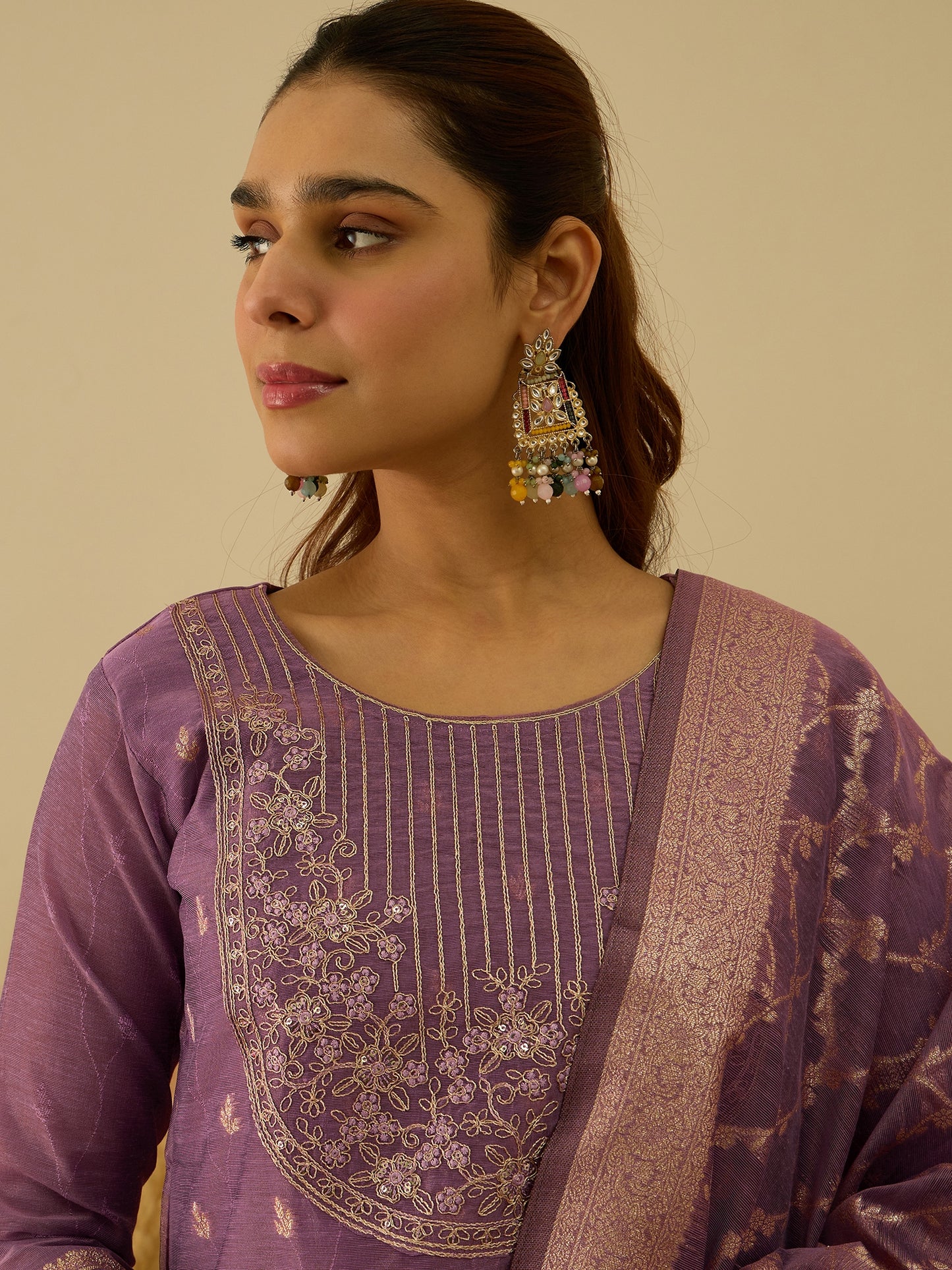 Dhiyona VV Purple Silk Blend Embroidered with Sequins Straight Kurta Set with Trousers & Dupatta