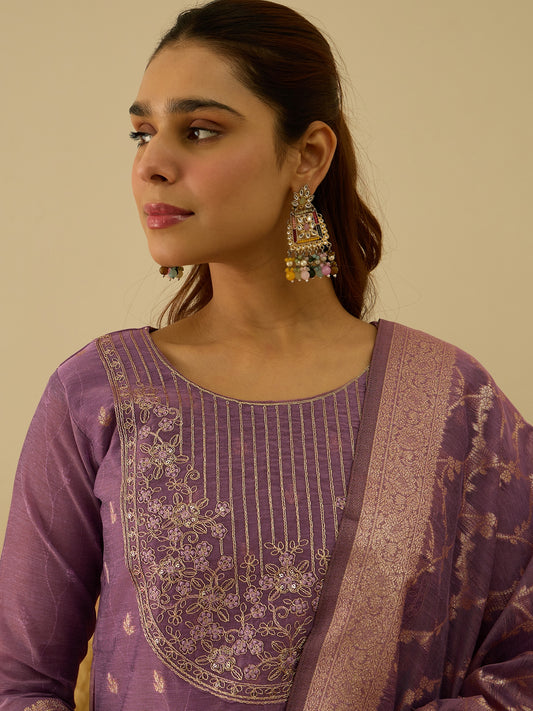 Dhiyona VV Purple Silk Blend Embroidered with Sequins Straight Kurta Set with Trousers & Dupatta