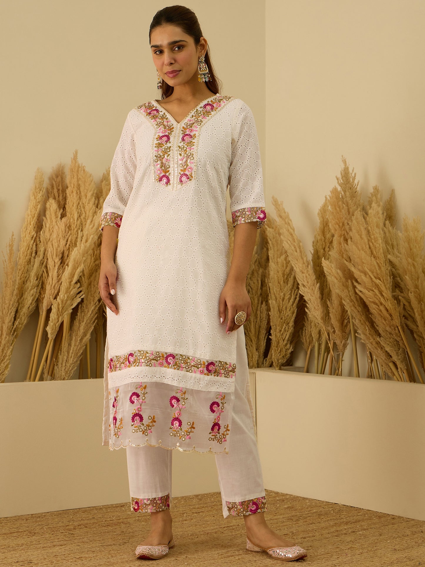 Dhiyona VV Leela Handwork Cotton Straight Kurta With Trousers & Dupatta Sets