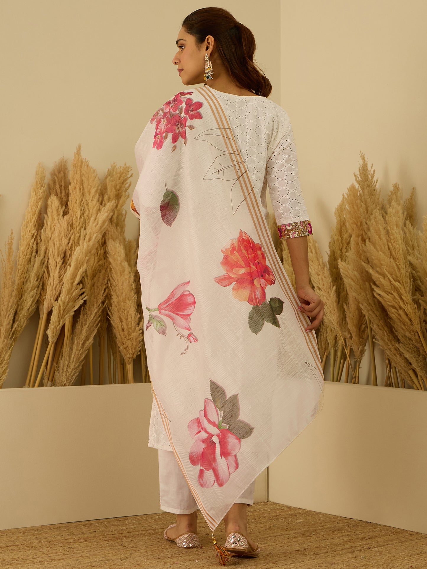 Dhiyona VV Leela Handwork Cotton Straight Kurta With Trousers & Dupatta Sets