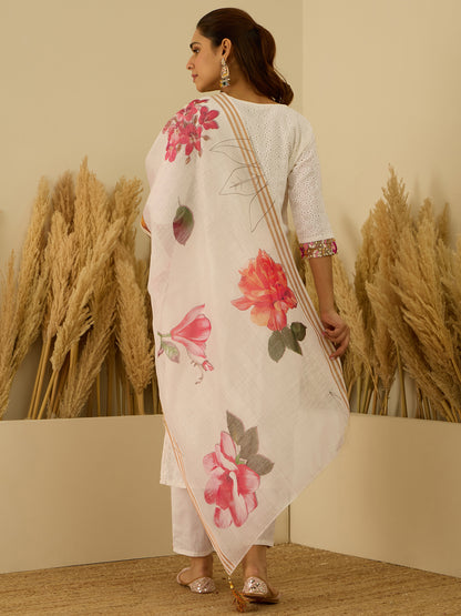 Dhiyona VV Leela Handwork Cotton Straight Kurta With Trousers & Dupatta Sets