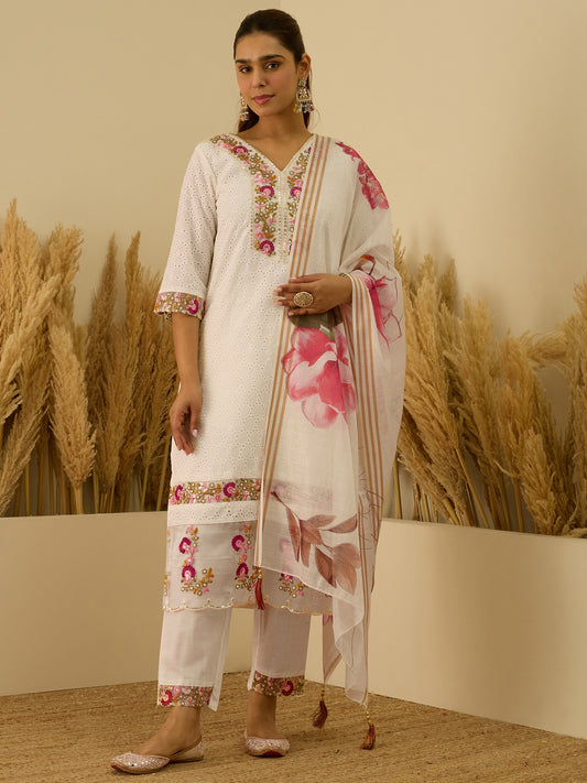 Dhiyona VV Leela Handwork Cotton Straight Kurta With Trousers & Dupatta Sets