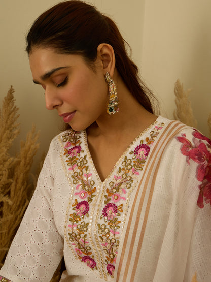 Dhiyona VV Leela Handwork Cotton Straight Kurta With Trousers & Dupatta Sets