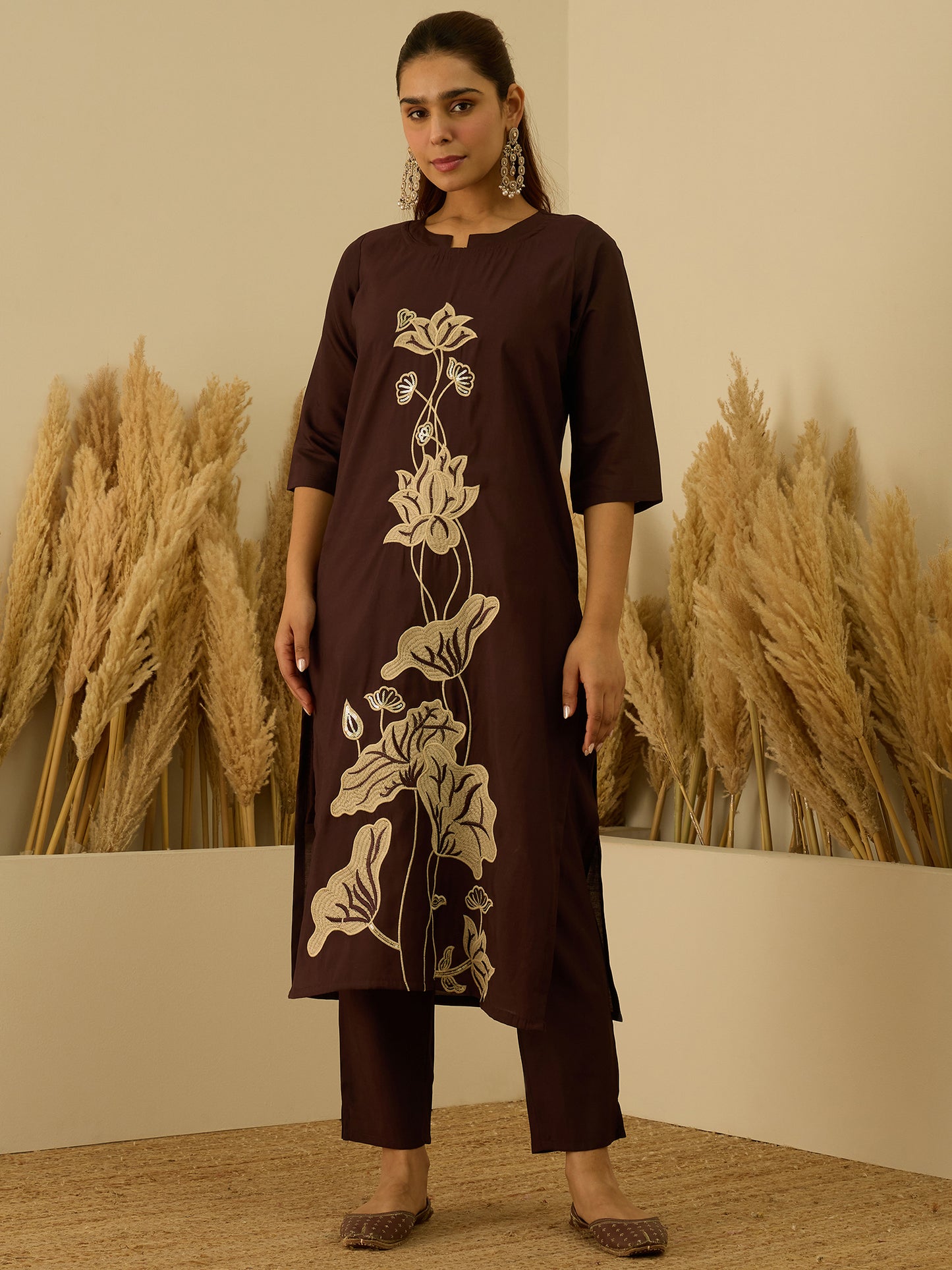 Dhiyona VV Coffee Silk Blend Embroidered with Sequins Straight Kurta Set with Trousers & Dupatta