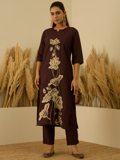 Dhiyona VV Coffee Silk Blend Embroidered with Sequins Straight Kurta Set with Trousers & Dupatta